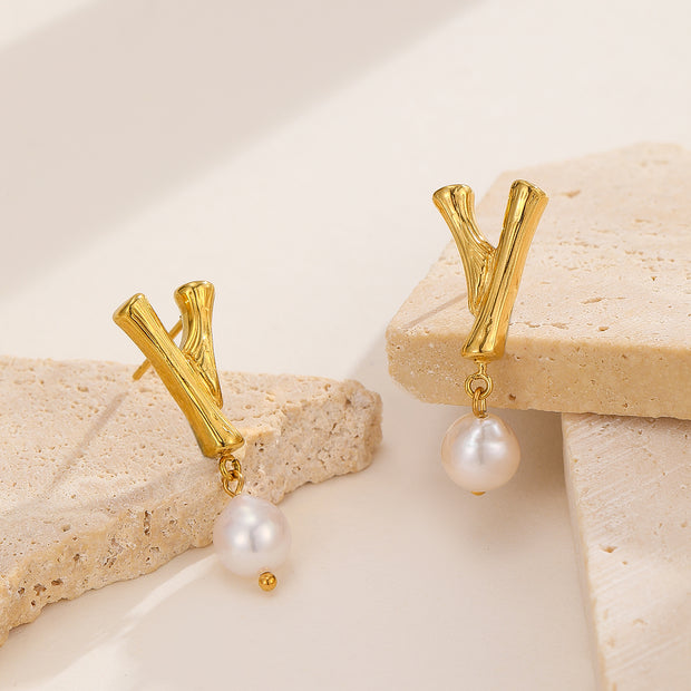 Golden Pearl Textured Letter Earrings