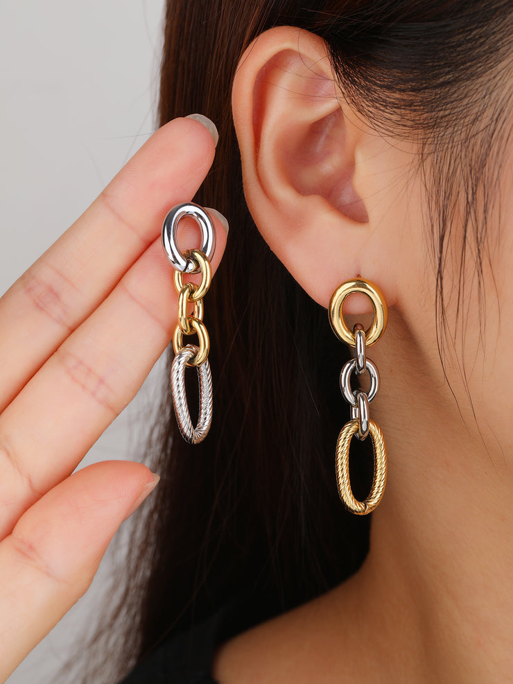 Two Tone Linked Chain Hoops Earrings