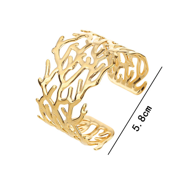 18k Gold Plated Adjustable Open Statement Wide Bangles Double-Layer Hollow Weave Hammered High Polished Irregular Thin Minimalist Trendy Jewelry Gift