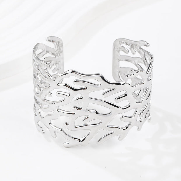 18k Gold Plated Adjustable Open Statement Wide Bangles Double-Layer Hollow Weave Hammered High Polished Irregular Thin Minimalist Trendy Jewelry Gift