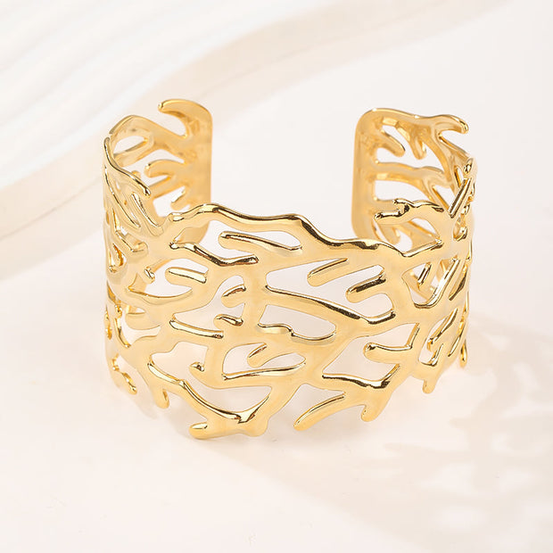 18k Gold Plated Adjustable Open Statement Wide Bangles Double-Layer Hollow Weave Hammered High Polished Irregular Thin Minimalist Trendy Jewelry Gift