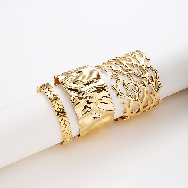 18k Gold Plated Adjustable Open Statement Wide Bangles Double-Layer Hollow Weave Hammered High Polished Irregular Thin Minimalist Trendy Jewelry Gift