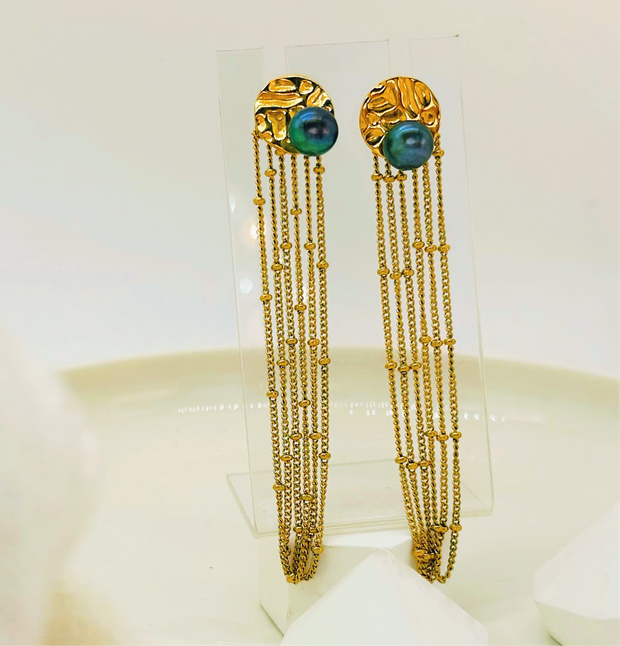 Sphere&Style Long Tassel With Oval Green Pearl Drop Earrings