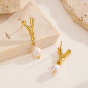 Golden Pearl Textured Letter Earrings