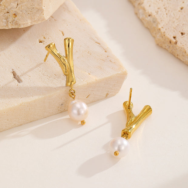 Golden Pearl Textured Letter Earrings