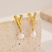 Golden Pearl Textured Letter Earrings