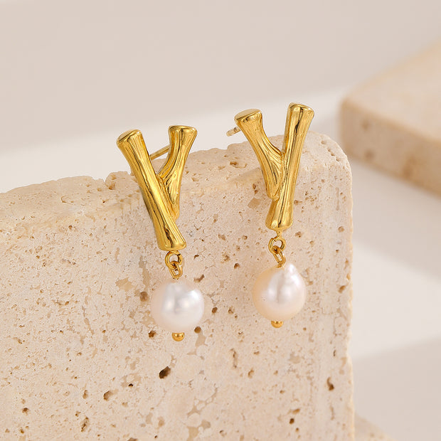 Golden Pearl Textured Letter Earrings