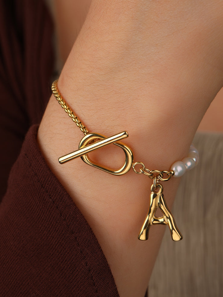 Stunning Pearl & Chain Bracelet Linked With Letter A