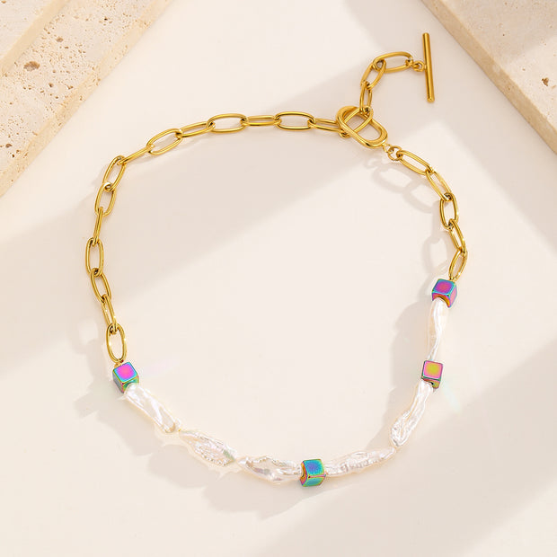 Sphere&Style Pearl Chain with Colorful Cubes Necklace