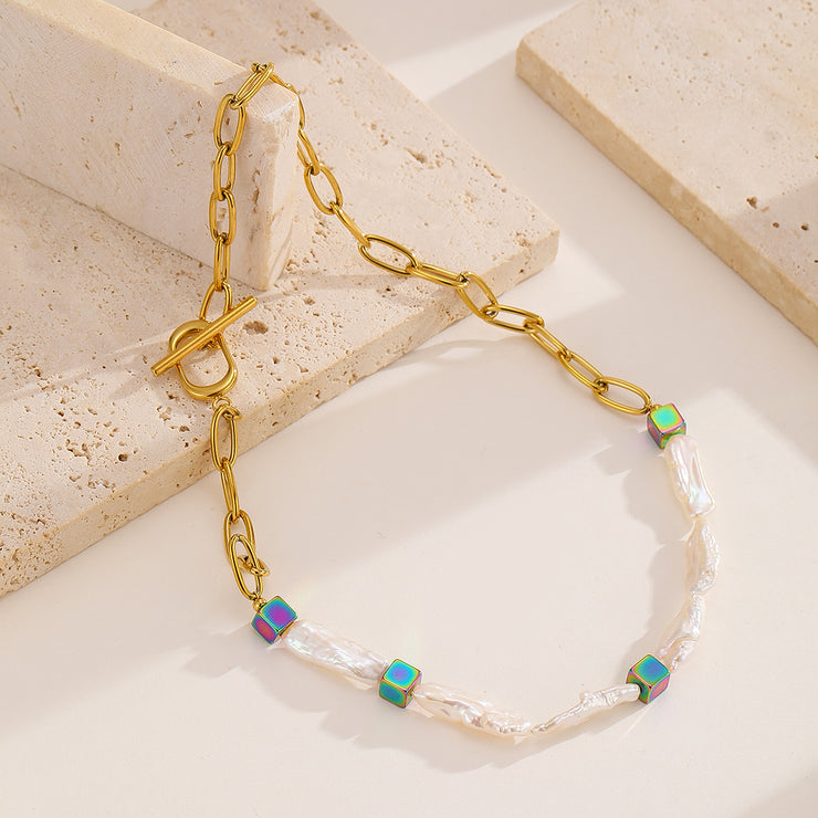 Sphere&Style Pearl Chain with Colorful Cubes Necklace