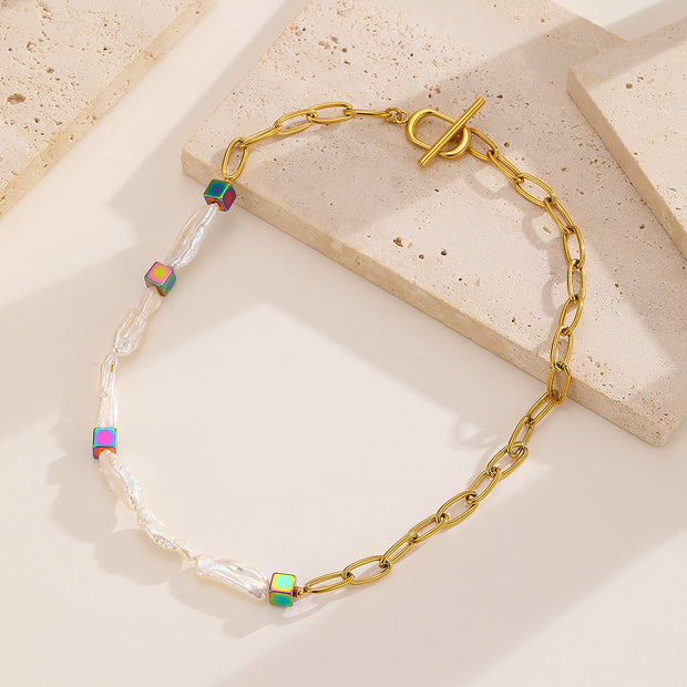 Sphere&Style Pearl Chain with Colorful Cubes Necklace